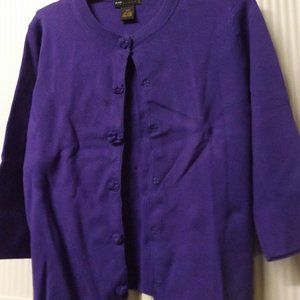 LADIES, PETITE SMALL, PURPLE 3/4 LENGTH SLEEVE CARDIGAN, FLOWER SNAPS